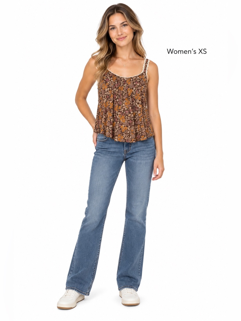 HIP Brown Floral Rayon Crop Flow Peasant Tank